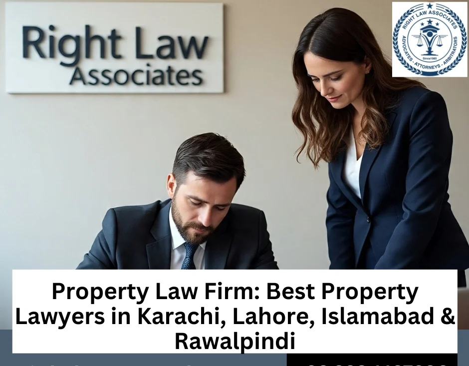 Real estate lawyers reviewing property documents at Right Law Associates Karachi.