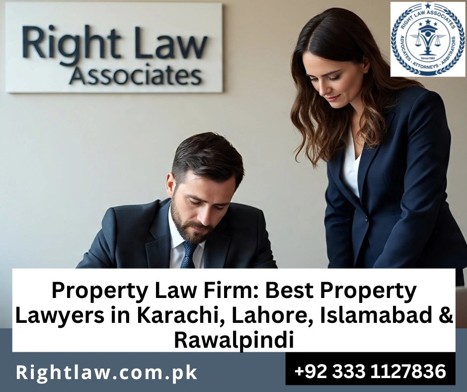 Real estate lawyers reviewing property documents at Right Law Associates Karachi.