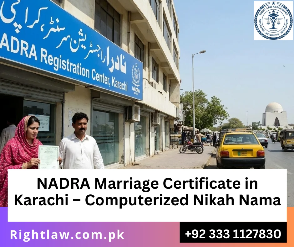 Visual flow showing Nikah, Nikah Nama, Union Council registration, NADRA CRMS verification and QR authentication for marriage certificates in Karachi.