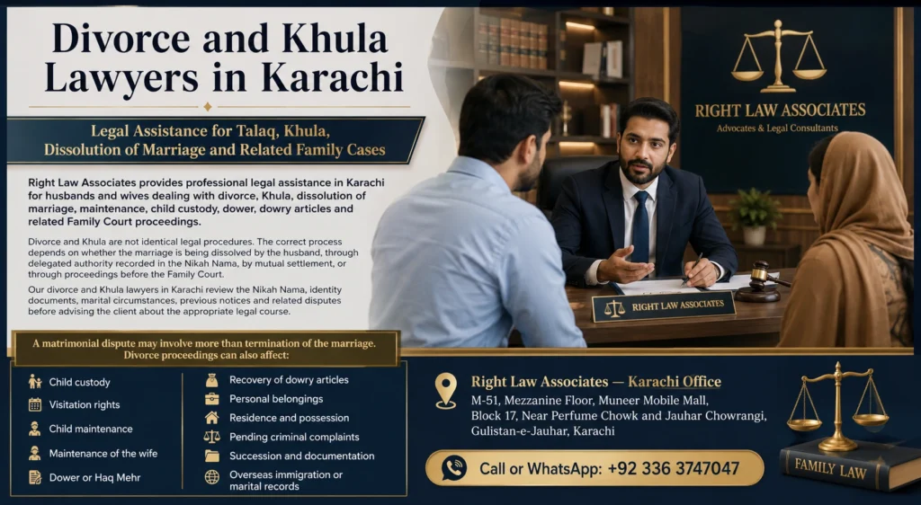 Professional consultation between a lawyer and a couple at a modern law office representing divorce, Khula, Talaq, dissolution of marriage, child custody and family law legal services in Karachi by Right Law Associates.