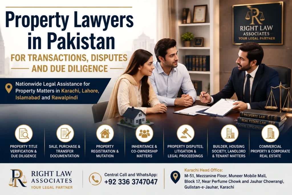 Property Lawyers in Pakistan providing legal services for property transactions, title verification, due diligence, property disputes, inheritance, transfers, litigation and registration nationwide.