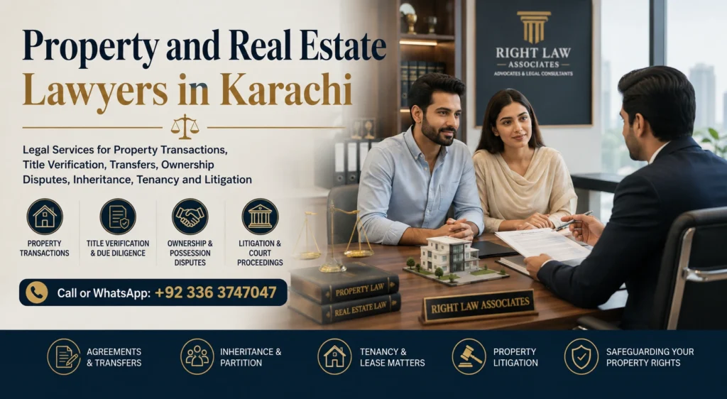 Property and Real Estate Lawyers in Karachi providing legal services for property transactions, title verification, ownership disputes, inheritance, tenancy, property transfers and litigation.