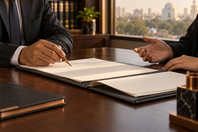 Trust deed documents being discussed at a legal consultation table