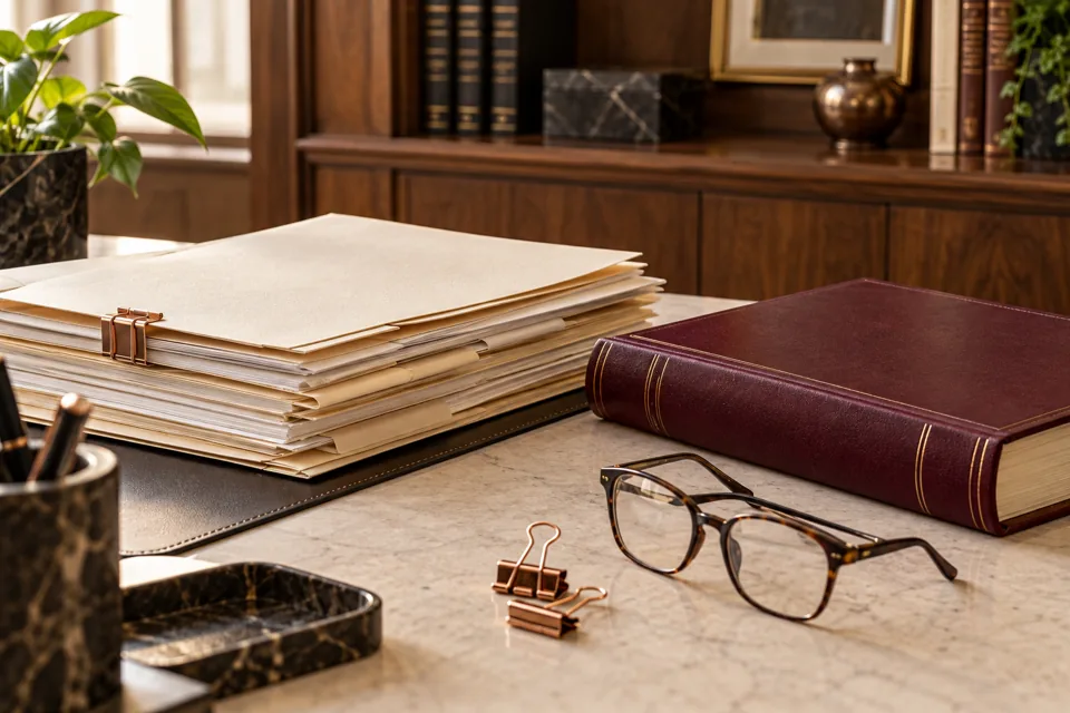 Trustee records with a legal reference book and reading glasses